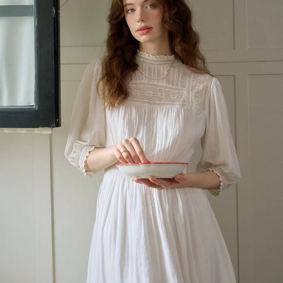 Simply Retro - Averie Lace Panel White Cotton Dress - Picture 5 of 5